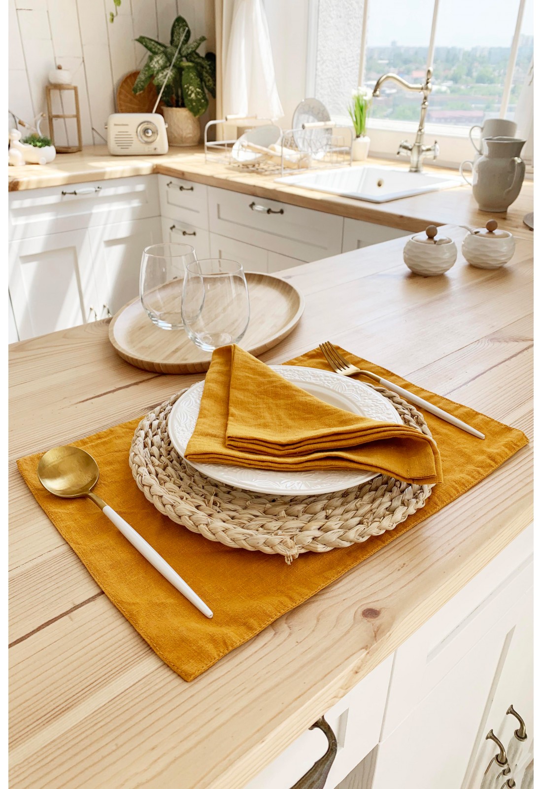MagicLinen Napkin Set in Moss Yellow at Urban Outfitters