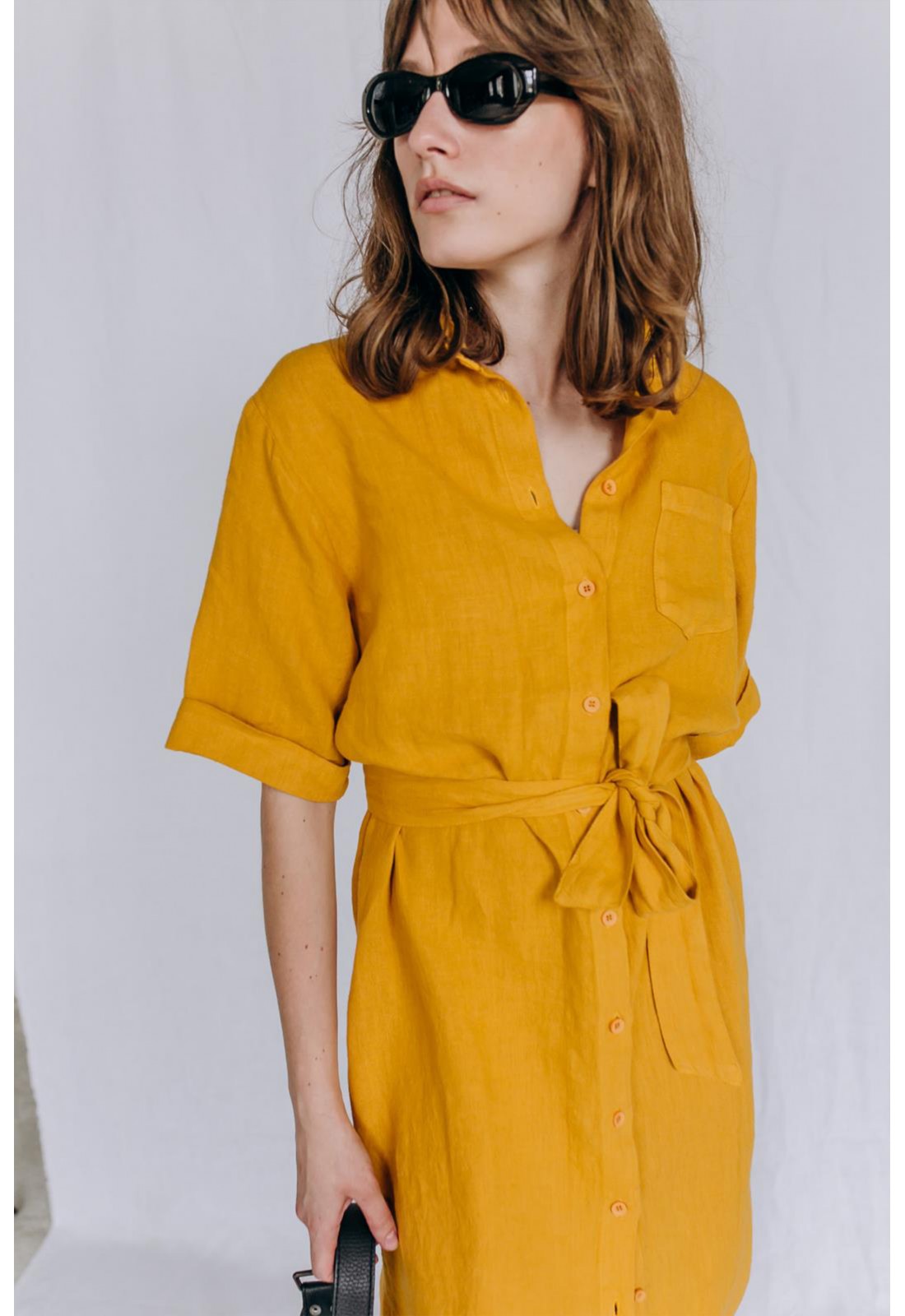 Linen Loose Shirt Dress for Women - Midi Length with Buttons and Belt