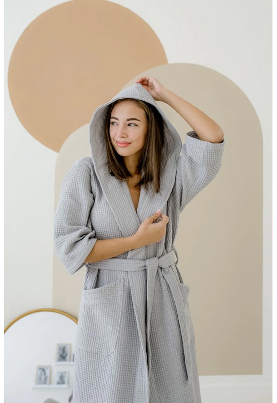 Waffle Cotton Hooded Robe with Pockets and Waist Tie for Women