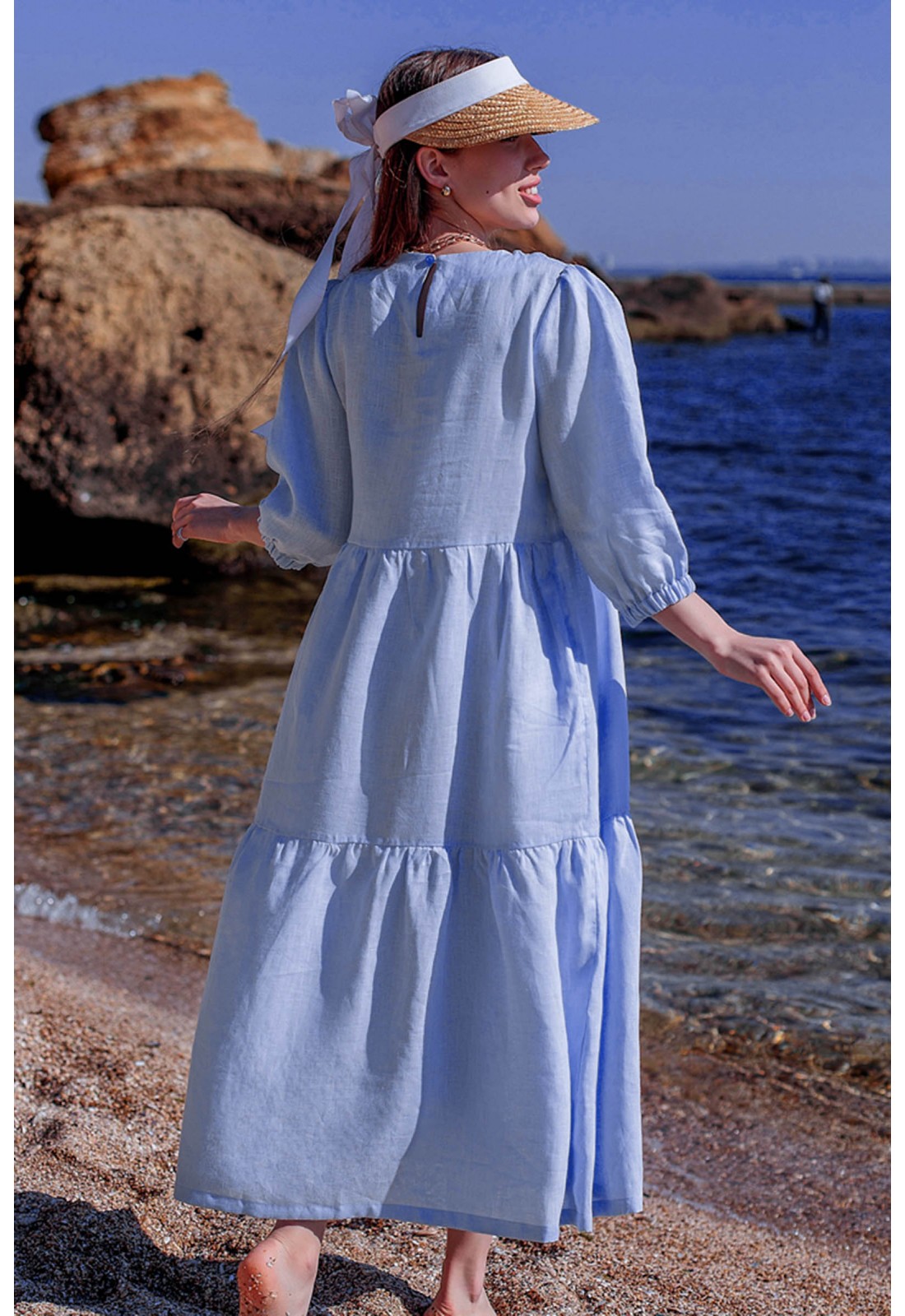 Linen Maxi Dress for Women: Ruffles, 3/4 Sleeves, Loose, Boat Neck