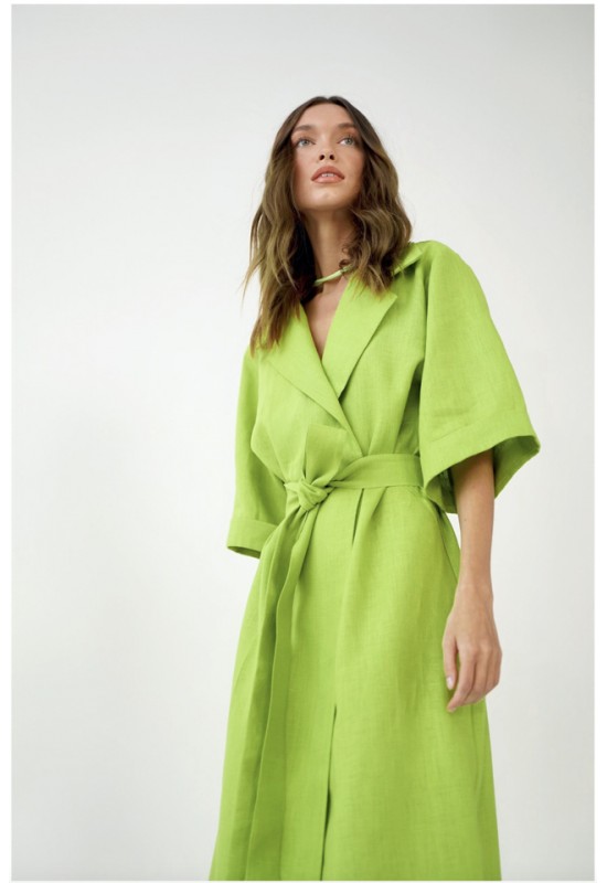 Linen Dress Long, Linen Dresses for Women With Collar, Green Belted Dress,  Natural Linen Dress, Kimono Sleeve Dress With Pockets 