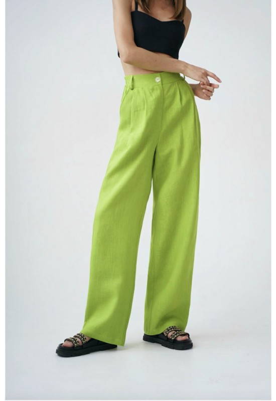 Linen Women Pants Wide Waistband - Elastic Waist and Wide Leg - Available  in Green, Blue, Black, Rose Colors