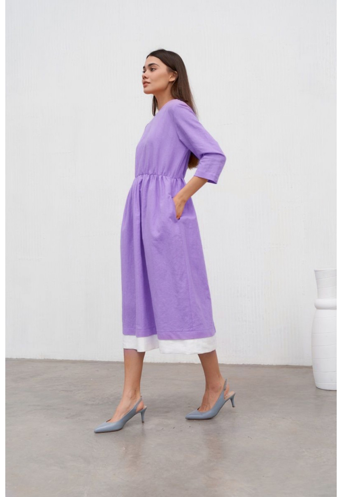 Color Block Linen Dress for Women | Boat Neck, Half Sleeves, Maxi
