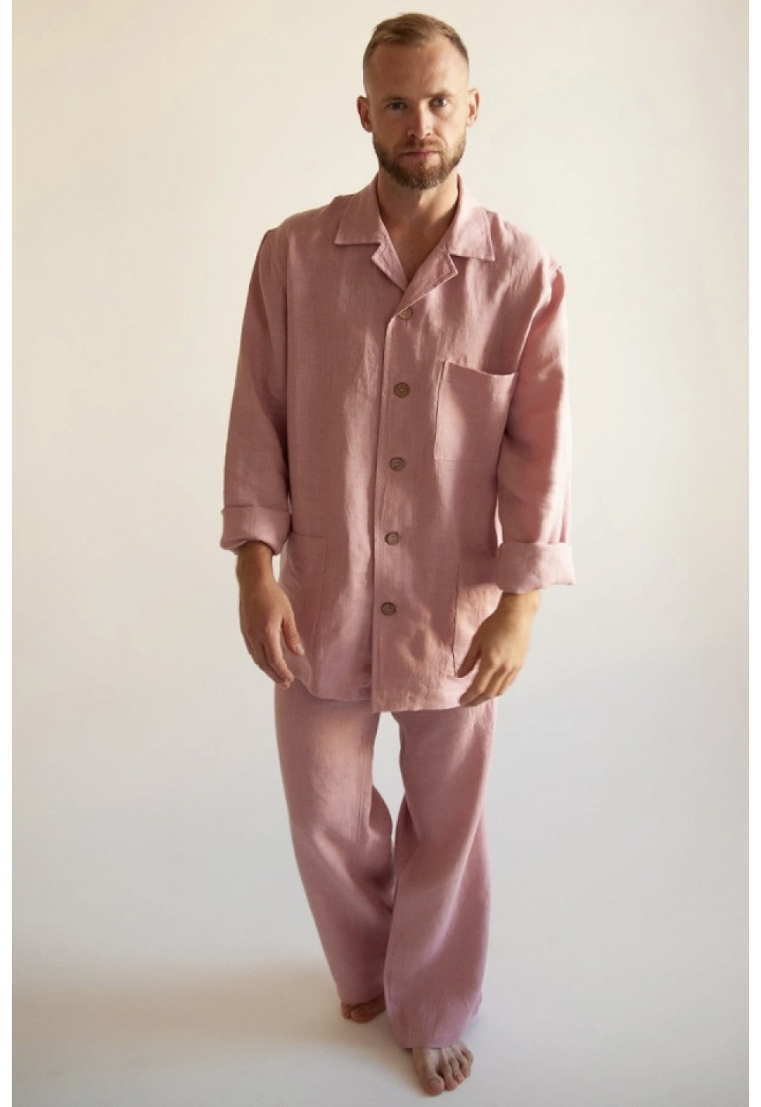 Linen Pajama Set for Men Natural Long Sleeve Shirt Pants Loungewear