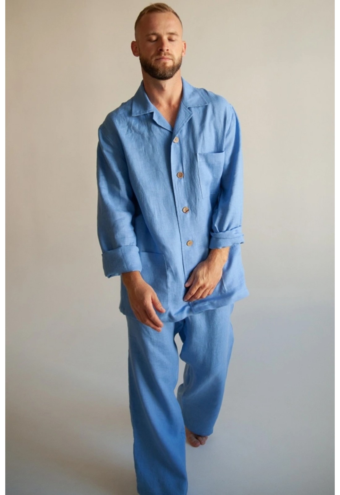 Linen Pajama Set For Men Natural Long Sleeve Shirt Pants Loungewear