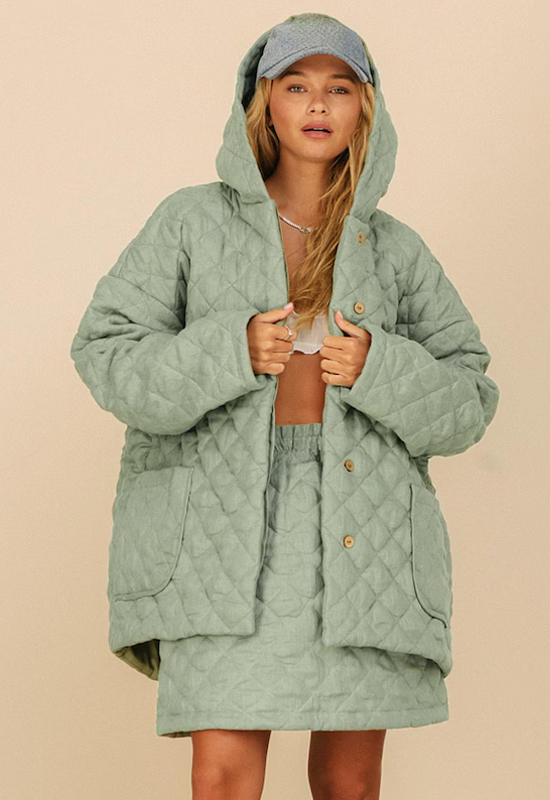 Quilted Linen Jacket for Women - Padded Long Sleeve Oversized Coat with Hood - Autumn Peacoat - Warm Clothing